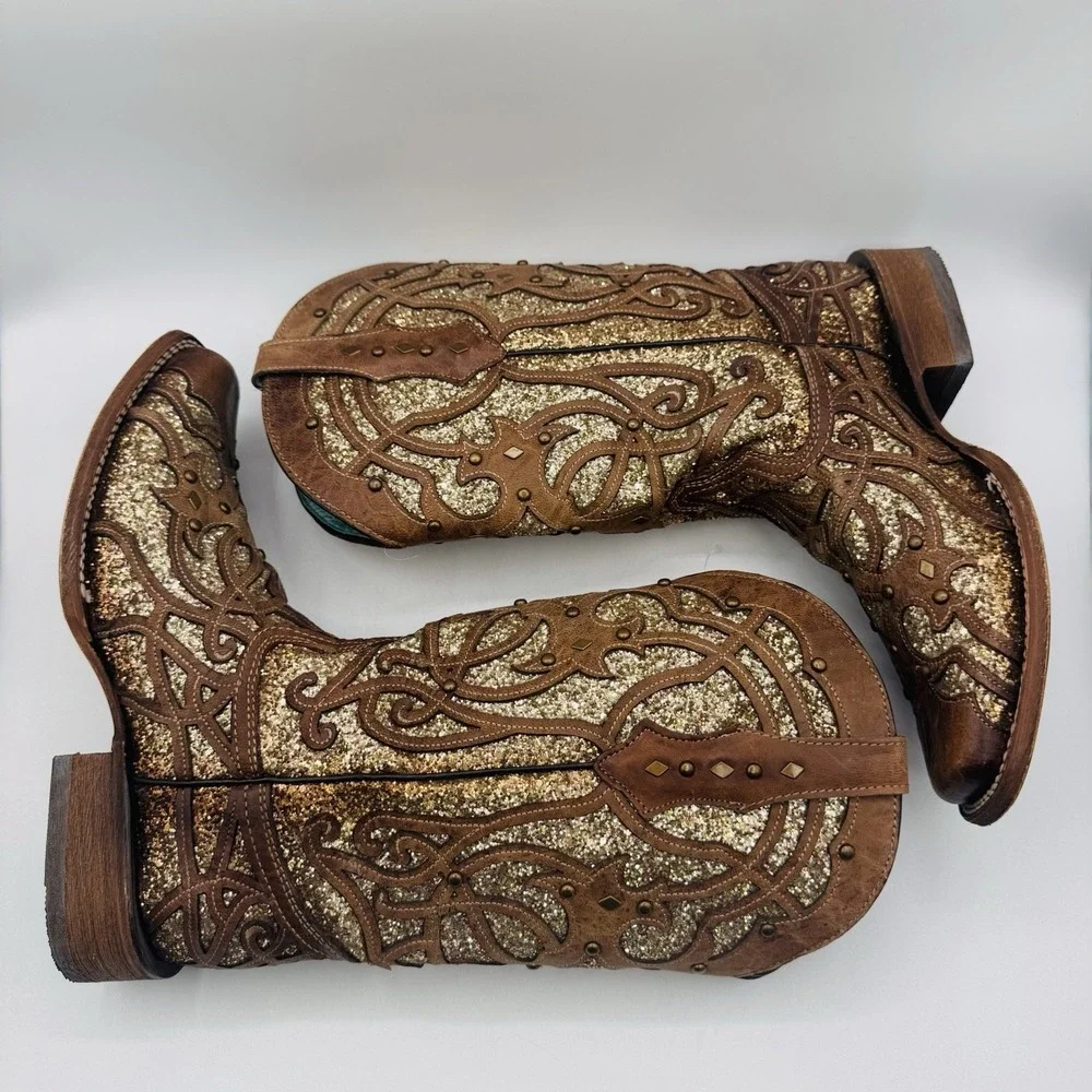 Corral Orix Glitter Inlay‎ Boots Women's Size 11 Brown Leather Gold Studded